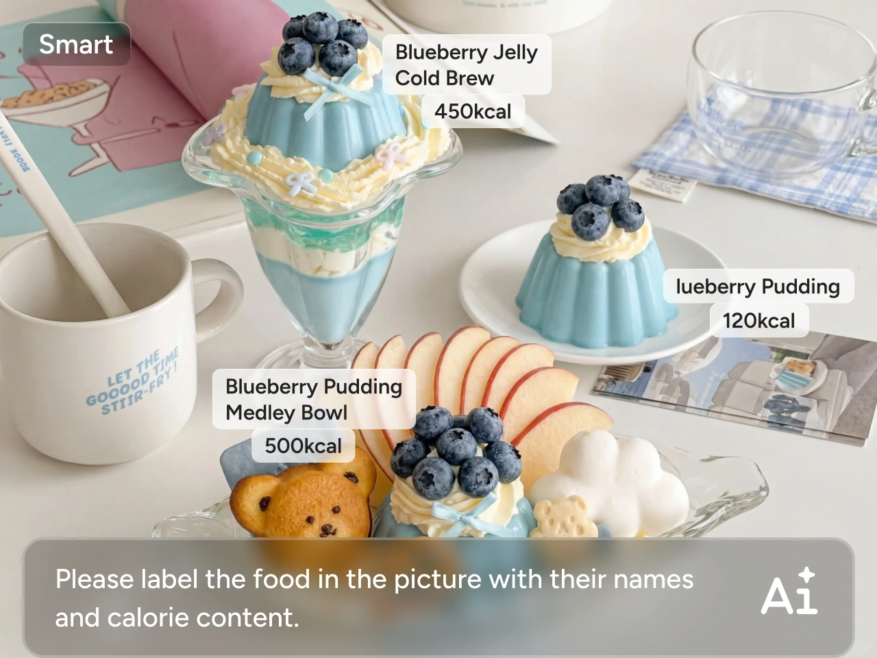 ai generated names of various blueberry cakes and their corresponding calorie charts