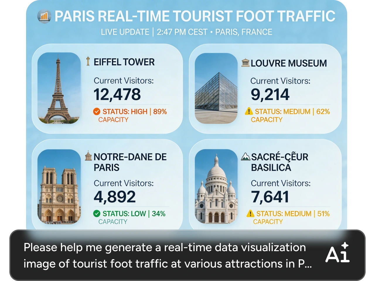 an ai generated real-time visitor data visualization of paris attractions