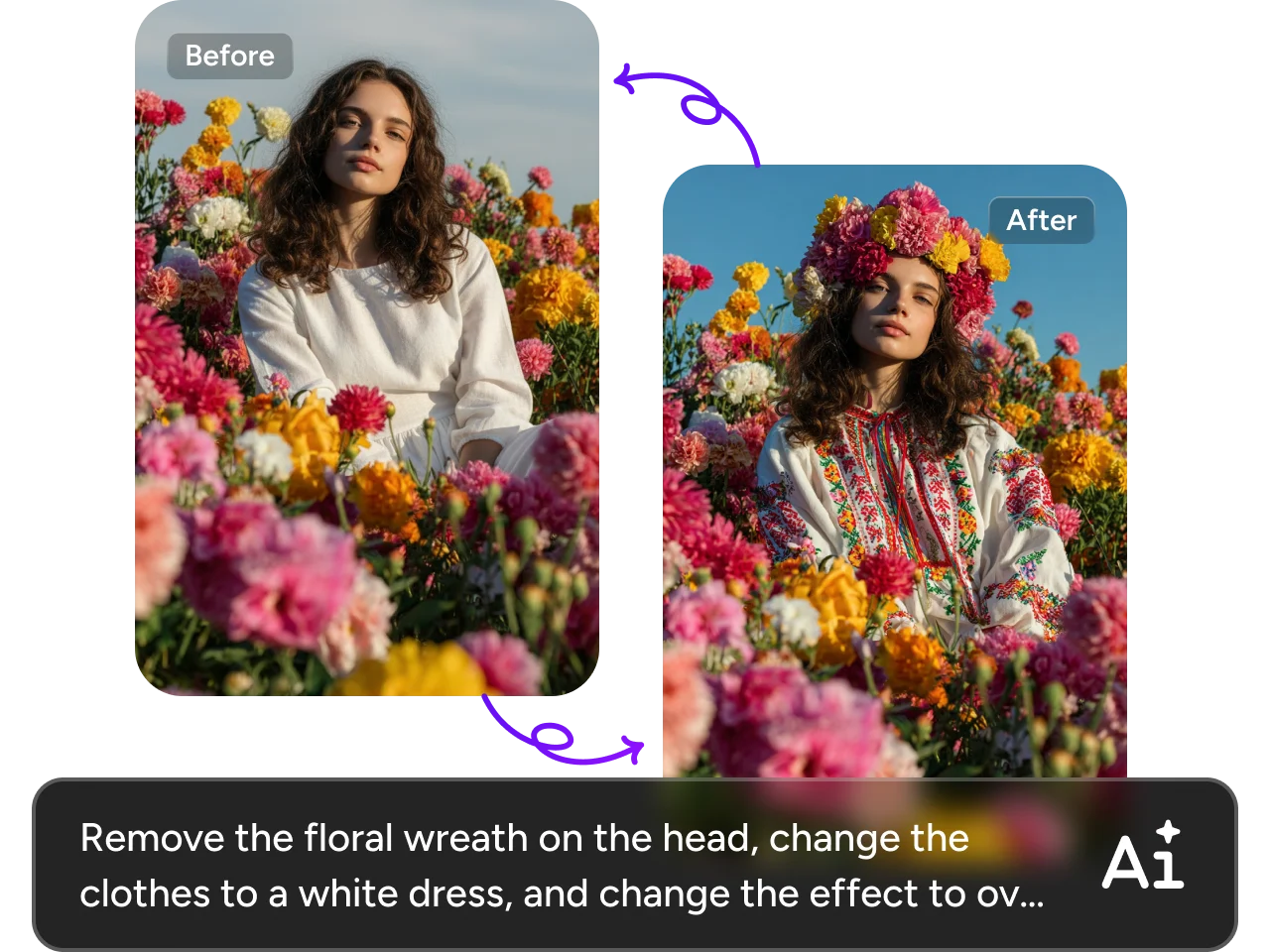 before and after comparison of an ai generated girl wearing a flower wreath