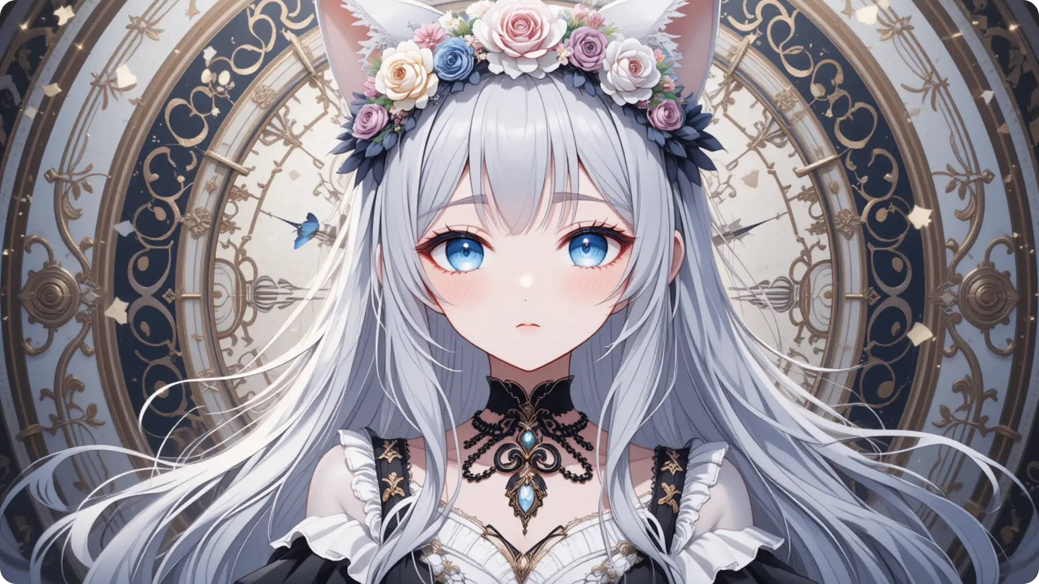 von PicLumen generiertes Anime-Mädchen mit Ziffernblatt-Hintergrundbild