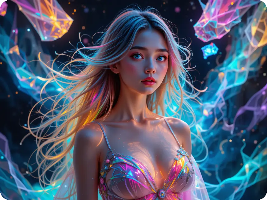 AI erzeugte weibliche in Beleuchtung Kleid Bild der surrealistischen Stil