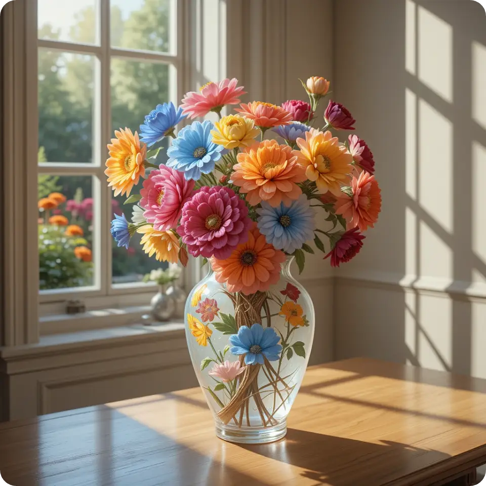 AI generierte Vase mit bunten Rosen auf dem Tisch neben dem Fenster Bild von PicLumen