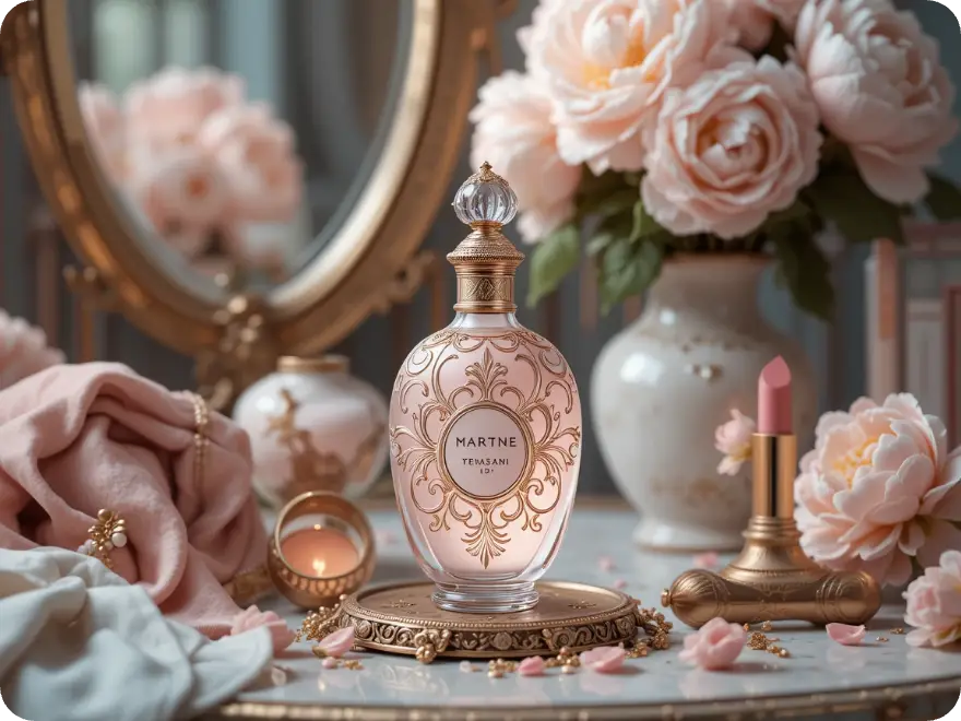 vom PicLumen KI Bildgenerator erstelltes Design einer Parfümflasche