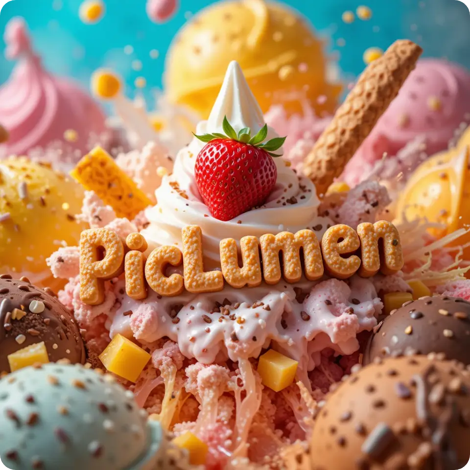 KI-generierte Eiscreme-Fotografie mit PicLumen-Text