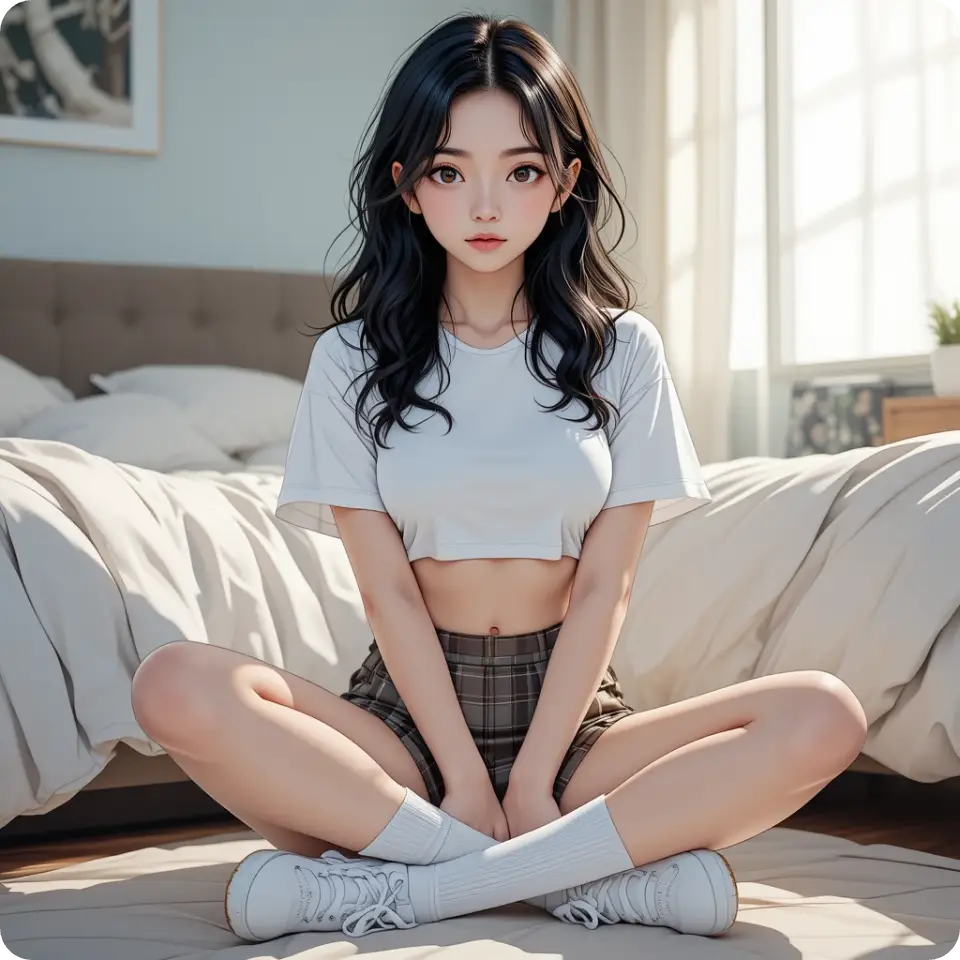 KI-generierte Anime-Mädchen sitzen auf dem Boden in der Halle Bild von PicLumen