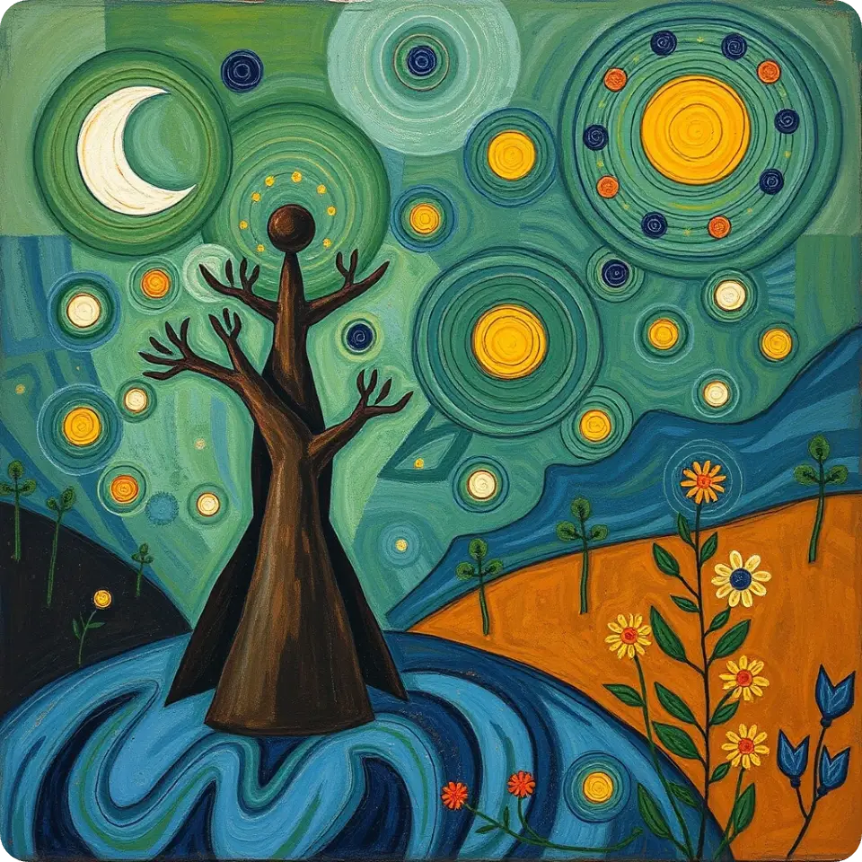 AI Bildgenerator erstellte Baum Illustration in Spirale Kunst