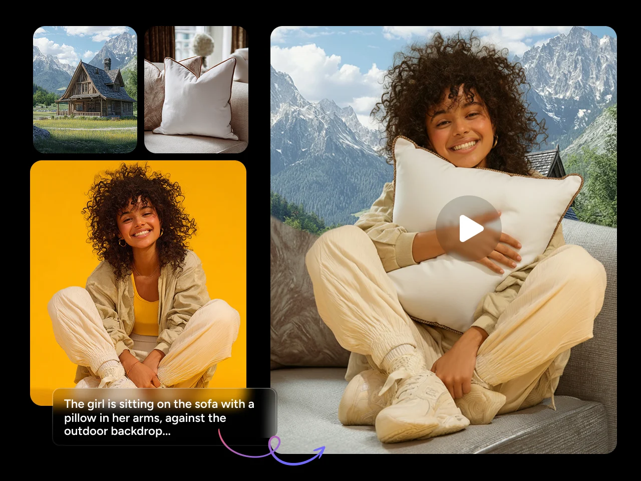 using photos of a girl, a pillow and a house created video