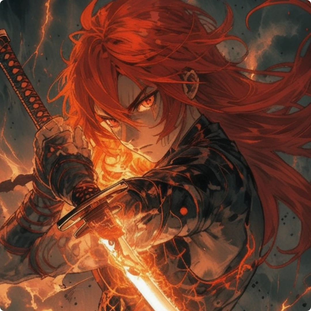 ai anime art - a red haired samurai holding a flame katana