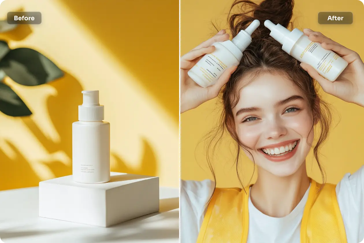 Skincare promotional images before and after, without and with models