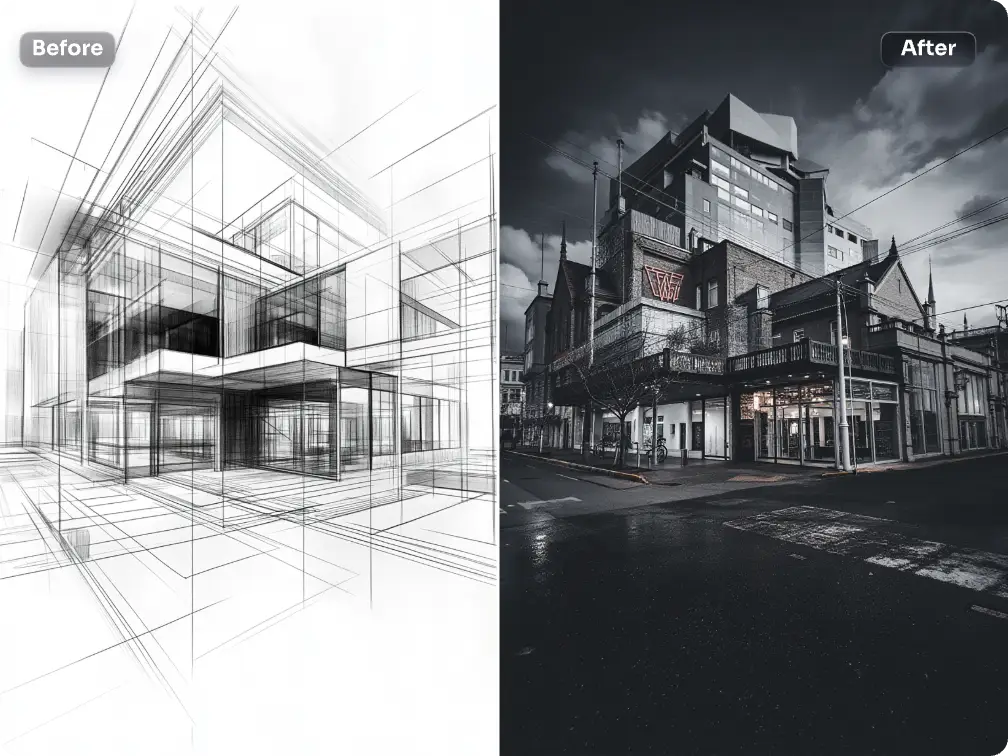 convert a building sketch into 3d effect with piclumen's flux controlnet depth tool