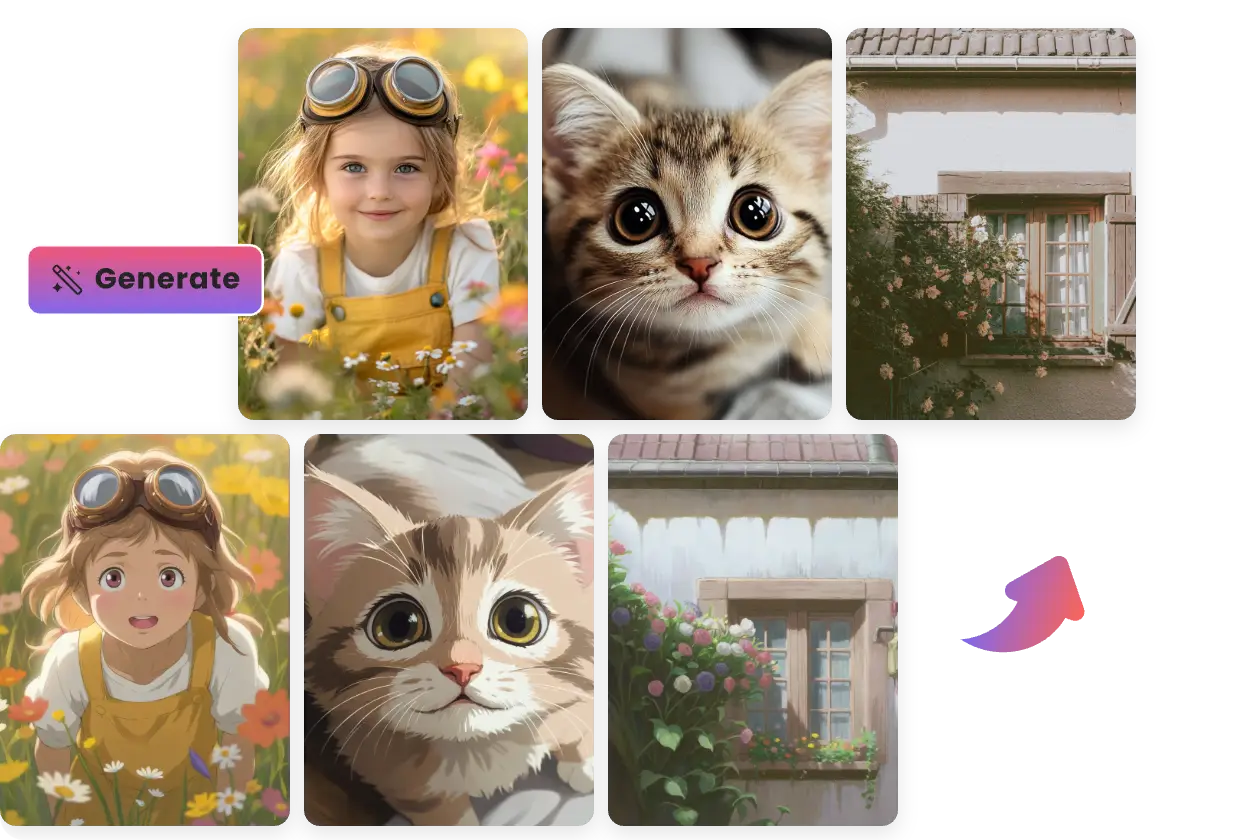from studio ghibli filter transformed photos of a little girl, a cat and the landscape