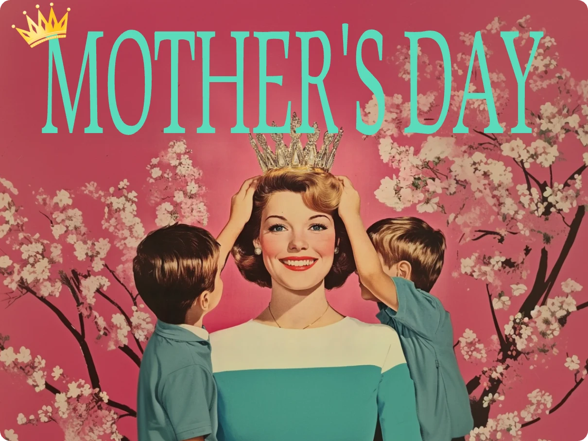 mother's day image, two children putting a crown on their mom