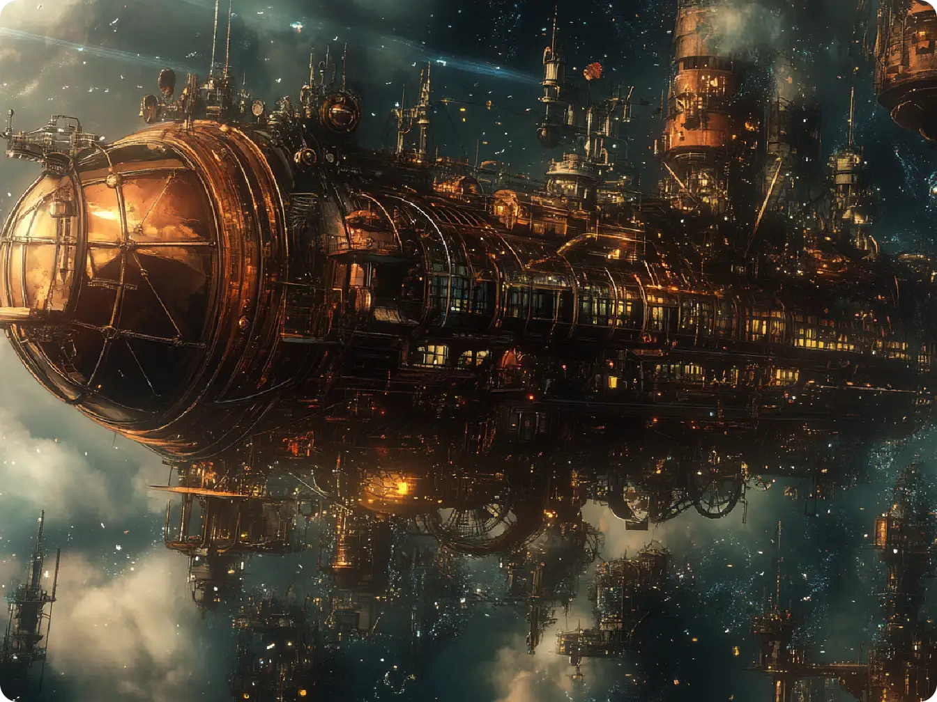 ilustração de um dirigível desenhada à mão em estilo steampunk
