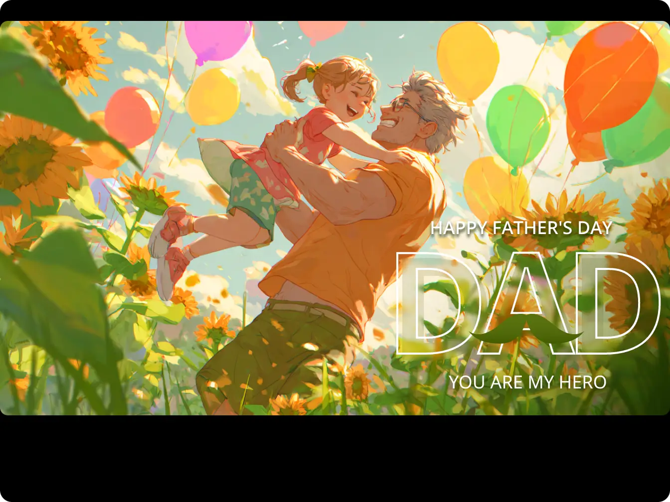 illustration styled celebrity father's day card of a father lifts his daughter up in the sunflower field