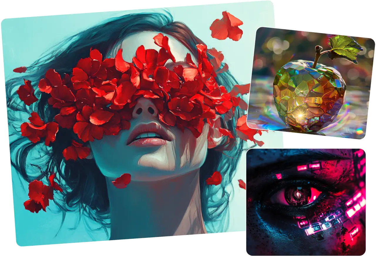 3 AI surrealism art images including a girl with flowers on face, crystal apple, and technological eye create by Piclumen