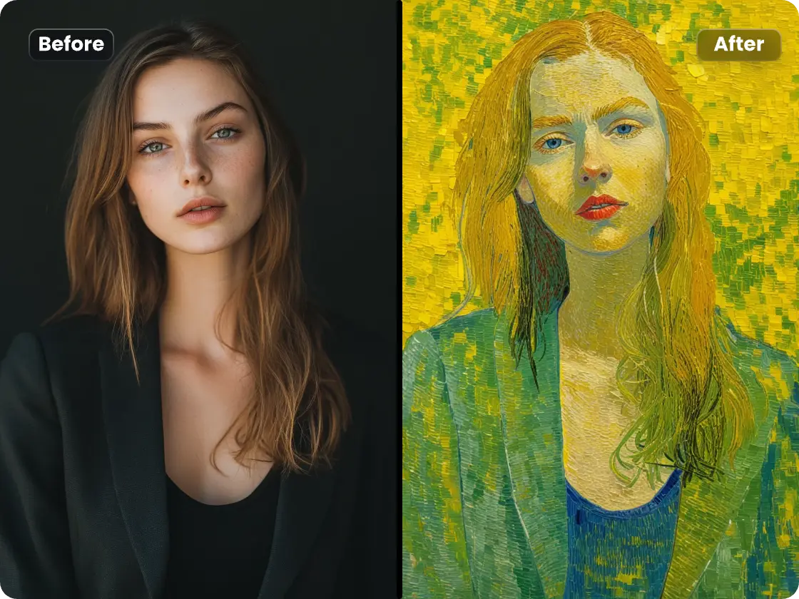 piclumen ai van goghジェネレーターで女性の写真をゴッホアート風にするビフォーアフター効果