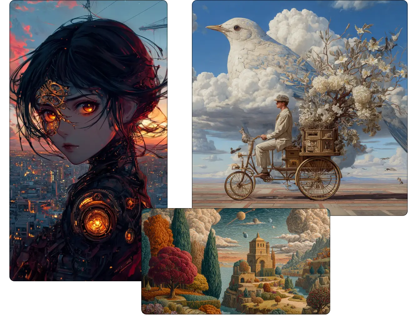 3 AI surrealism images including a girl, a castle, and a guy riding a bike on the street created by Piclumen for social sharing