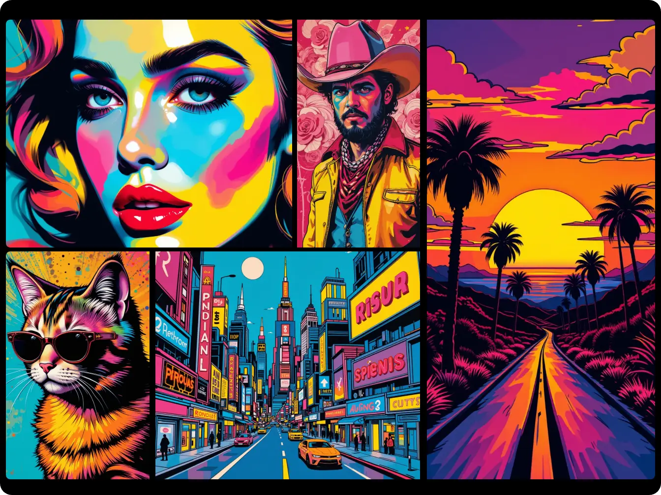 five pop art style images include female male cat streets and sunset generated by ai pop art generator