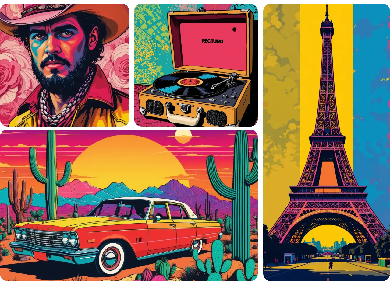 four photos of different objects generated by piclumen ai pop art generator