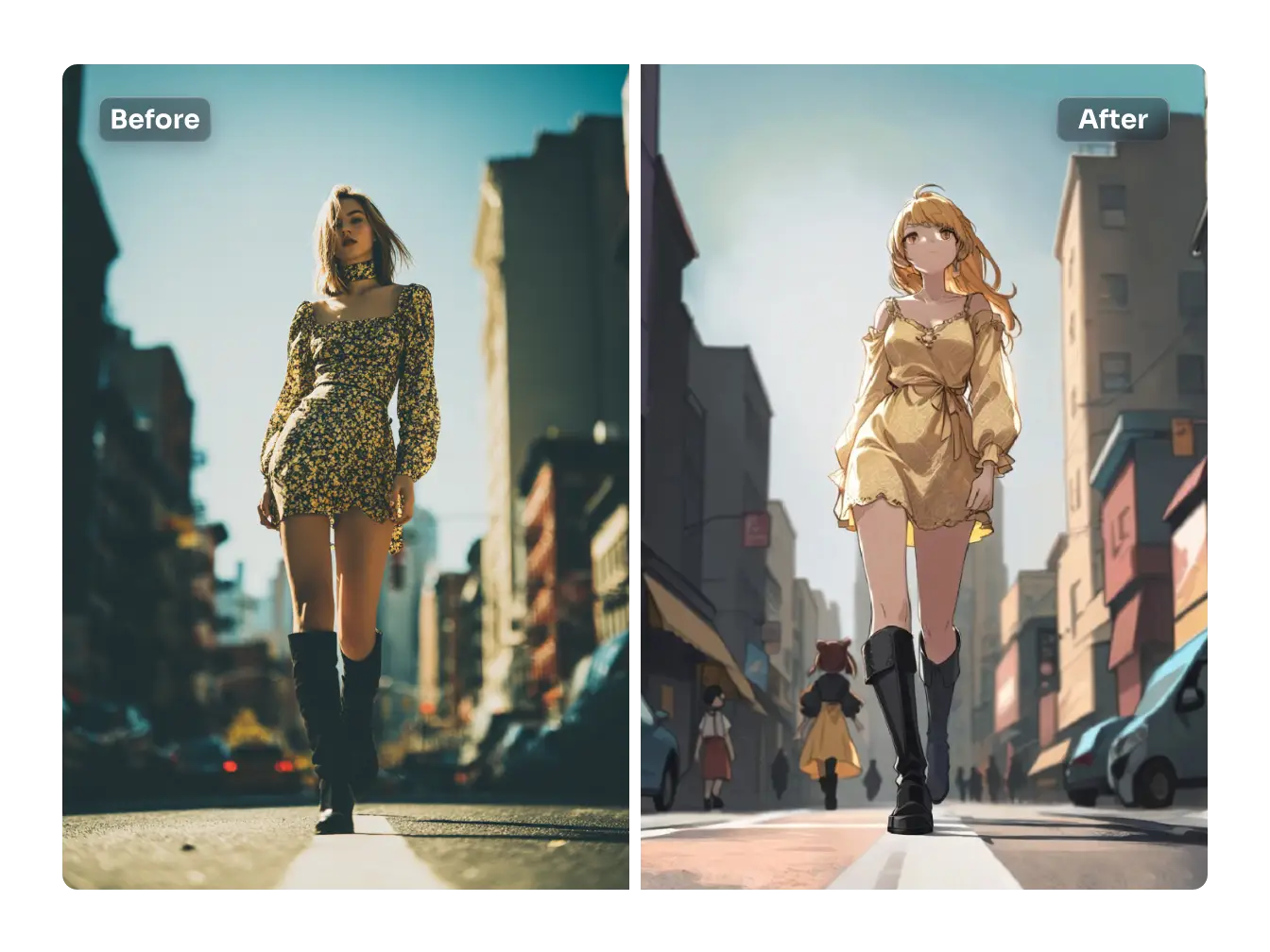 A fashionable photo of a woman edited by FLUX.1 kontext on PicLumen, converted to an anime style.