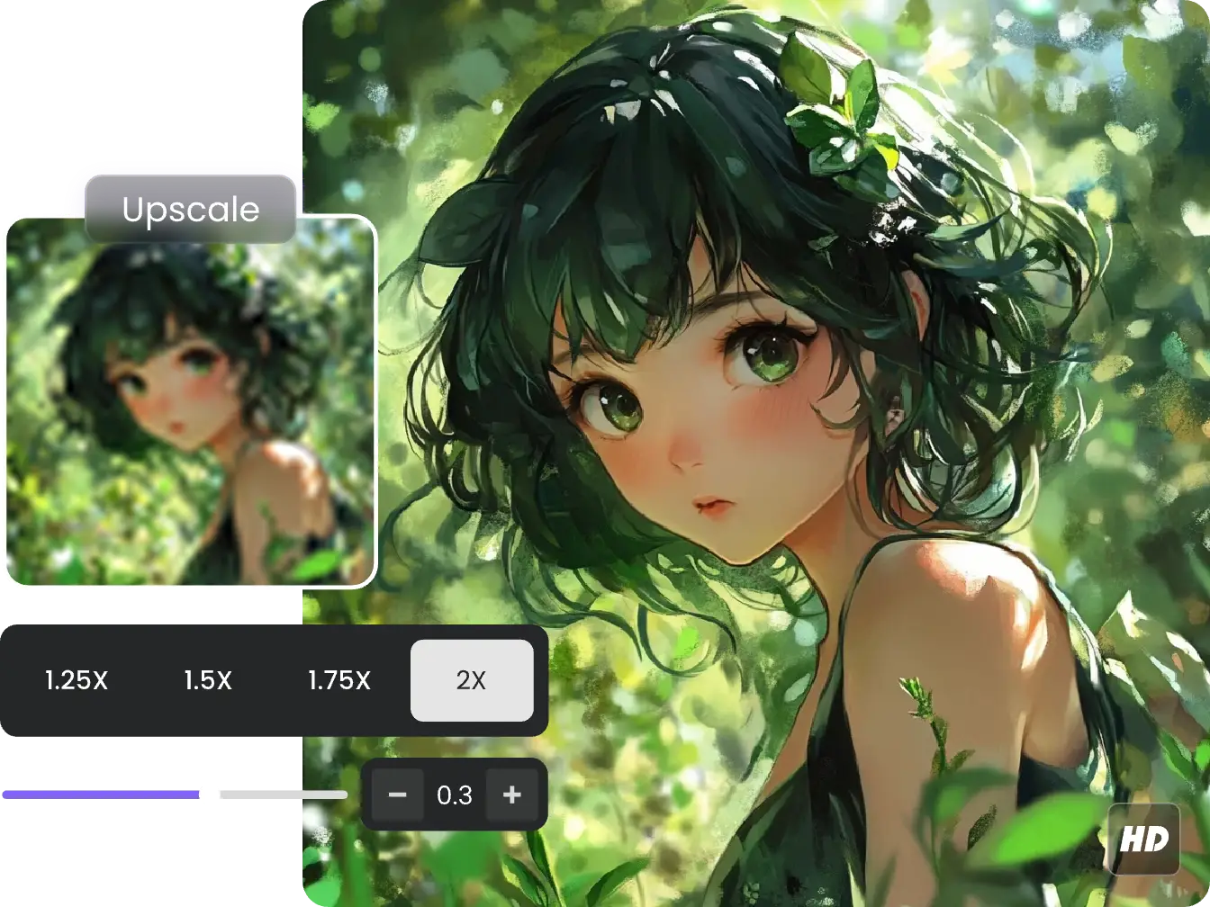 process of upscaling a cute anime girl in forest from 1.25x to 2x with piclumen hd anime upscaler