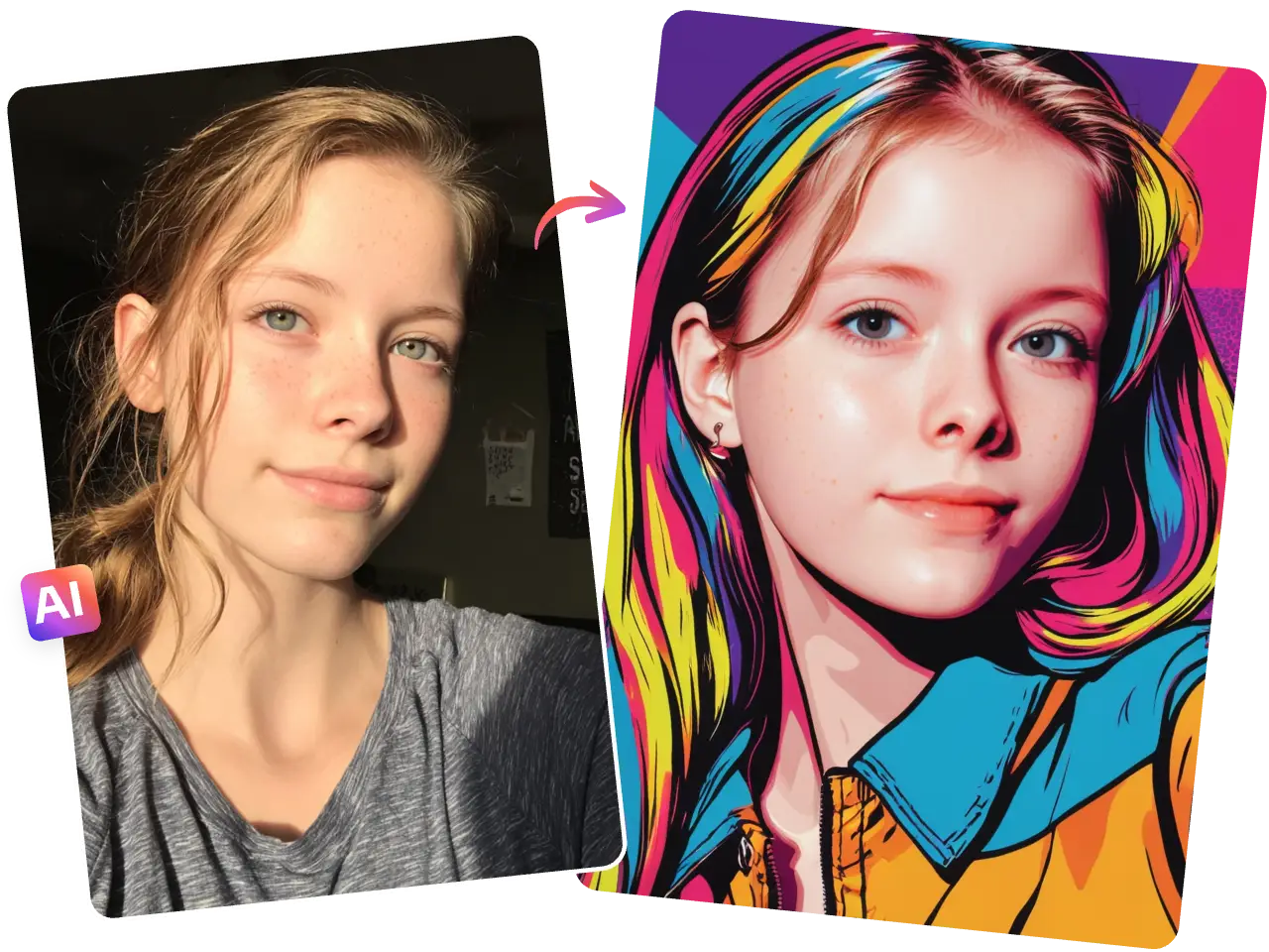 the effect of using piclumen ai pop art generator to transfrom a female selfie into pop art