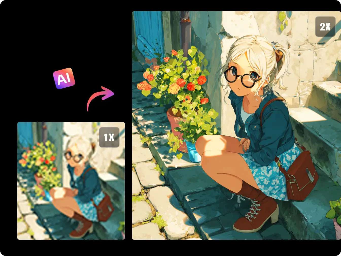 the effect of using piclumen anime upscaler to upscale an anime girl from 1x to 2x with ai