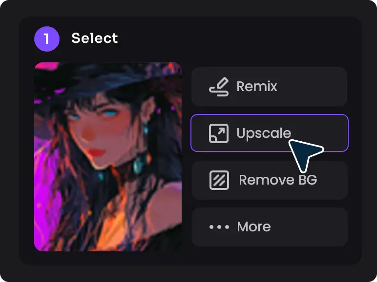 the step to select a anime girl photo create by piclumen and choose upscale in anime upscaler