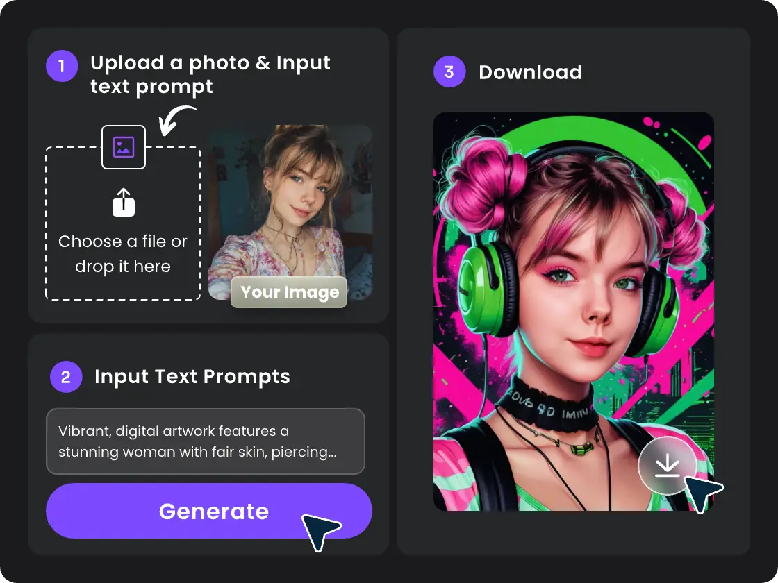 the three steps of using piclumen ai pop art generator to create pop art from a girl photo