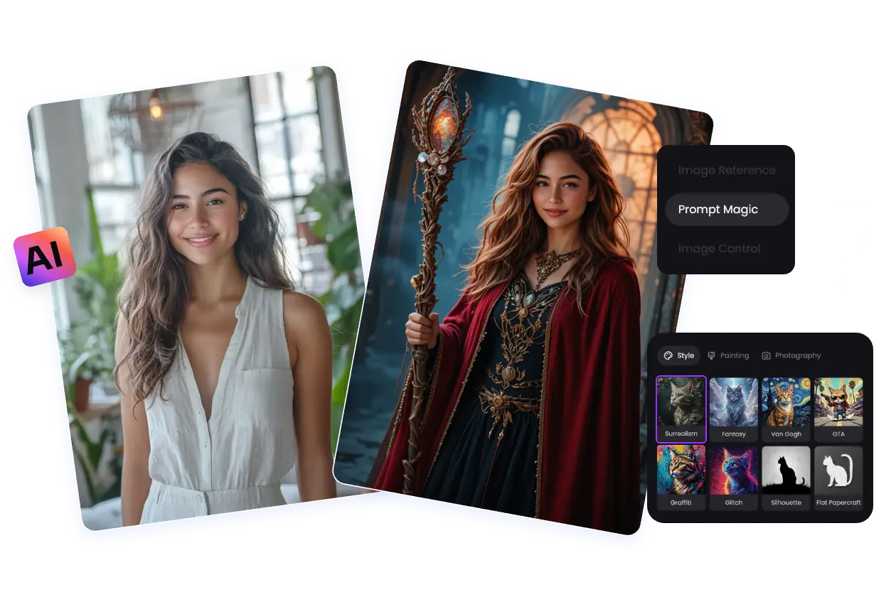 before and after contrast of turning a girl portrait into AI surrealism effect with piclumen prompt magic tool and a style selection box