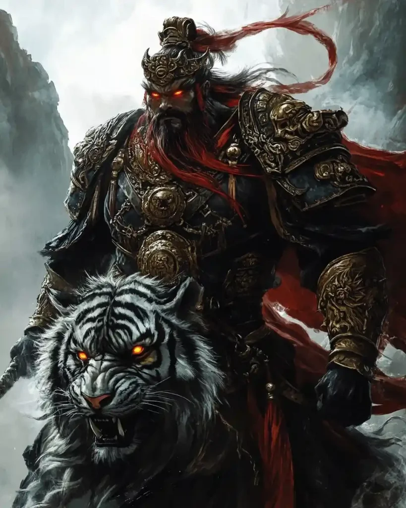 a heavily armored hero Zhong Kui with white tiger by his side, in the mysterious and rugged terrain shrouded in mist