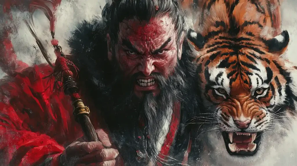chinese mythological figure Zhong Kui is in flowing red robes with a tiger
