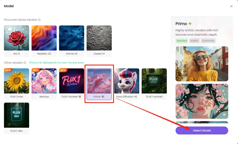 a screenshot of selecting the primo model