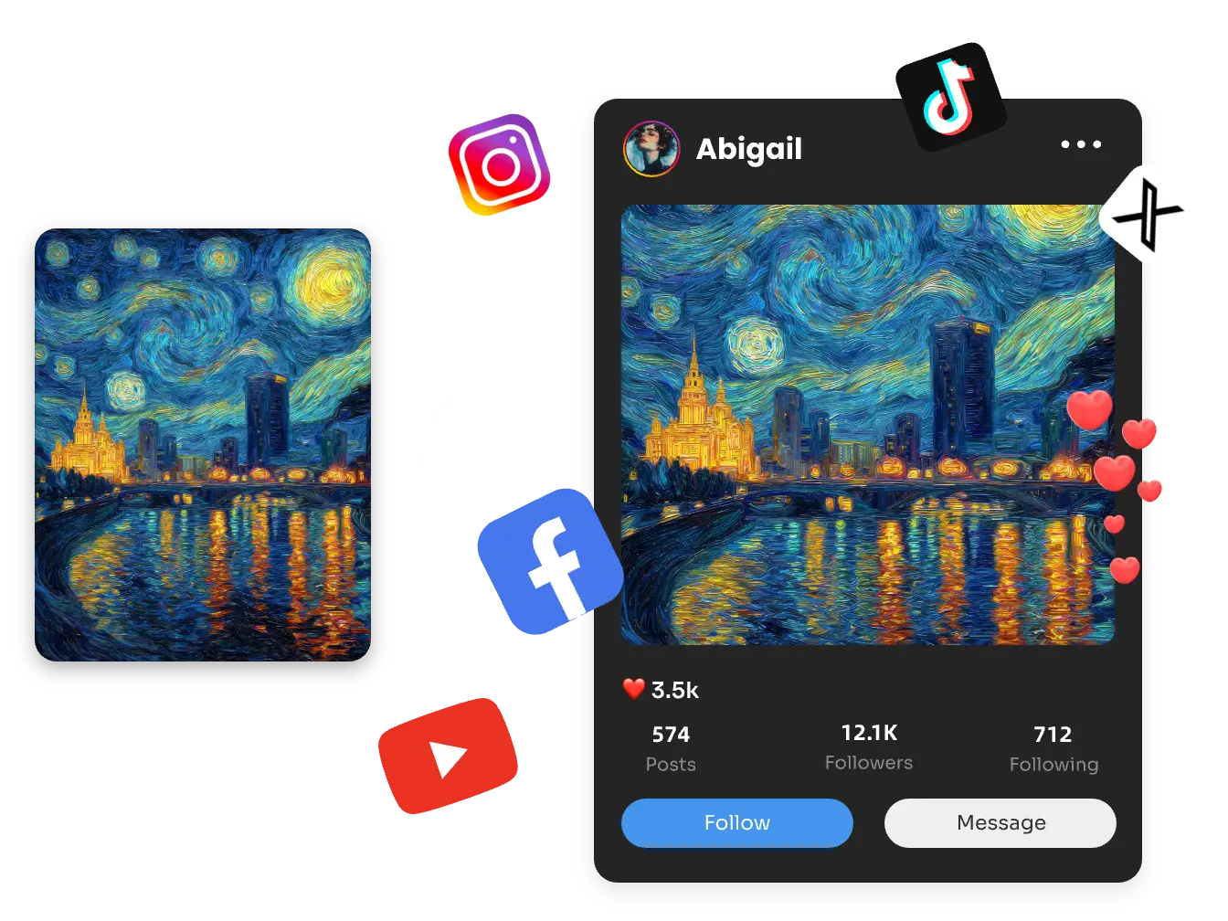 ai van goghジェネレーターで作成したゴッホ風夜空画像をソーシャルメディアで共有するプロセス
