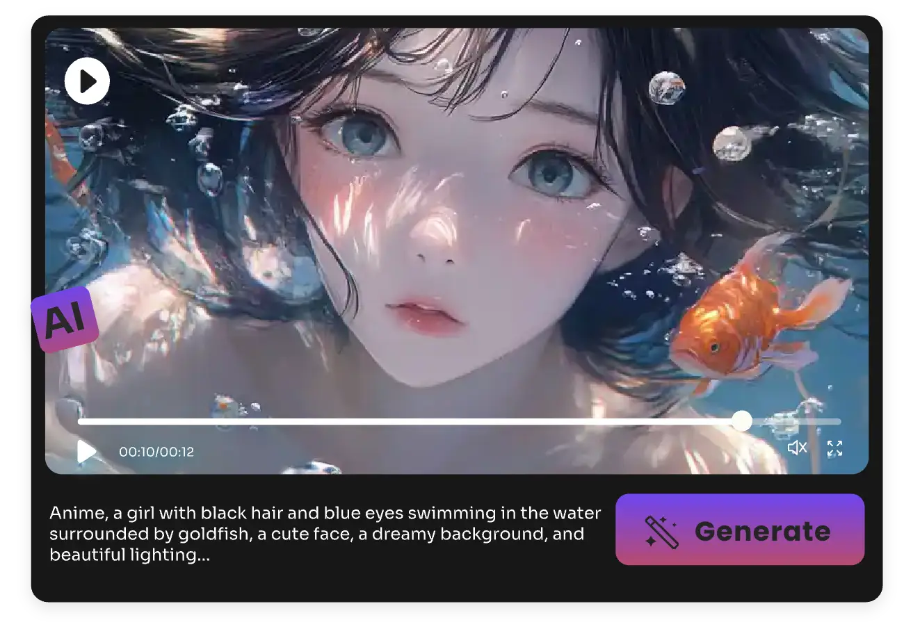 an anime video of a girl underwater with a golden fish made in piclumen ai video generator from prompt