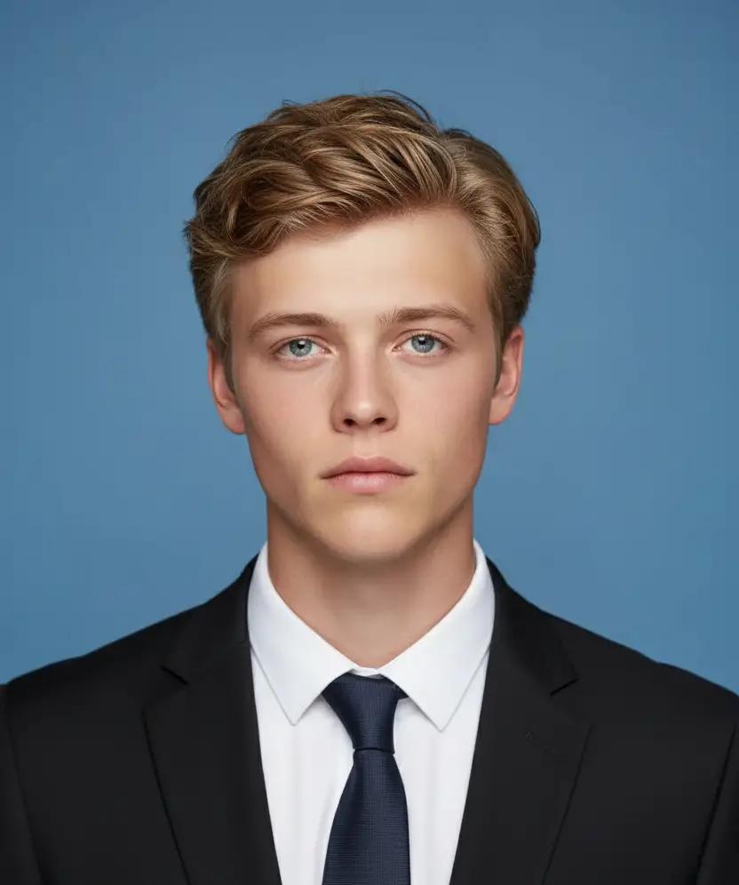 using piclumen's id portrait maker generated id photo of a man in black suit with blue background
