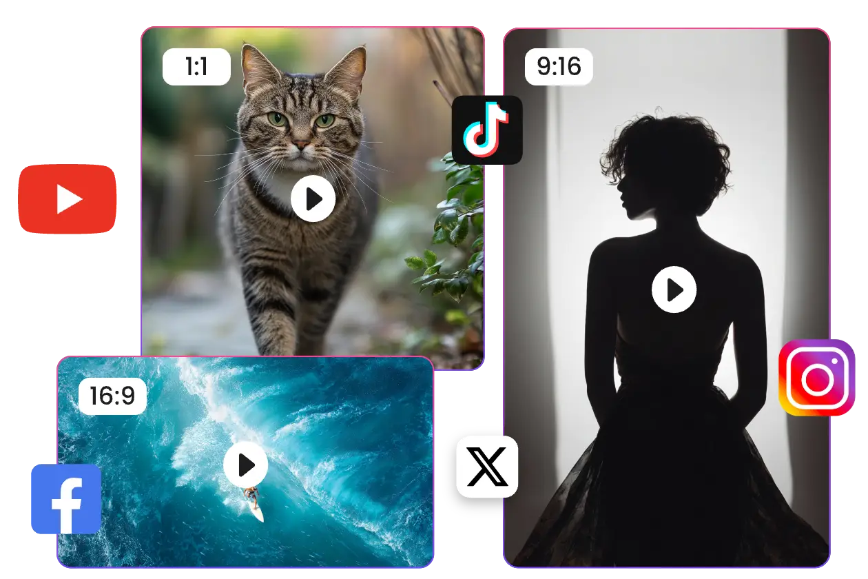 three ai videos of three different aspect ratios with youtube x tiktok facebook and instagram icons