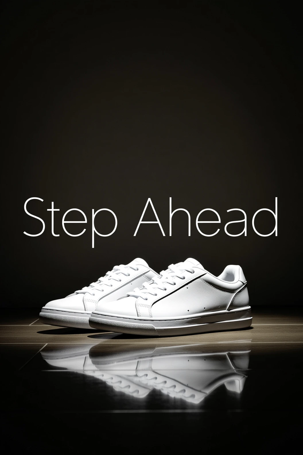 White sneakers on reflective floor with AI-added overlay text 'Step Ahead', minimalist product showcase